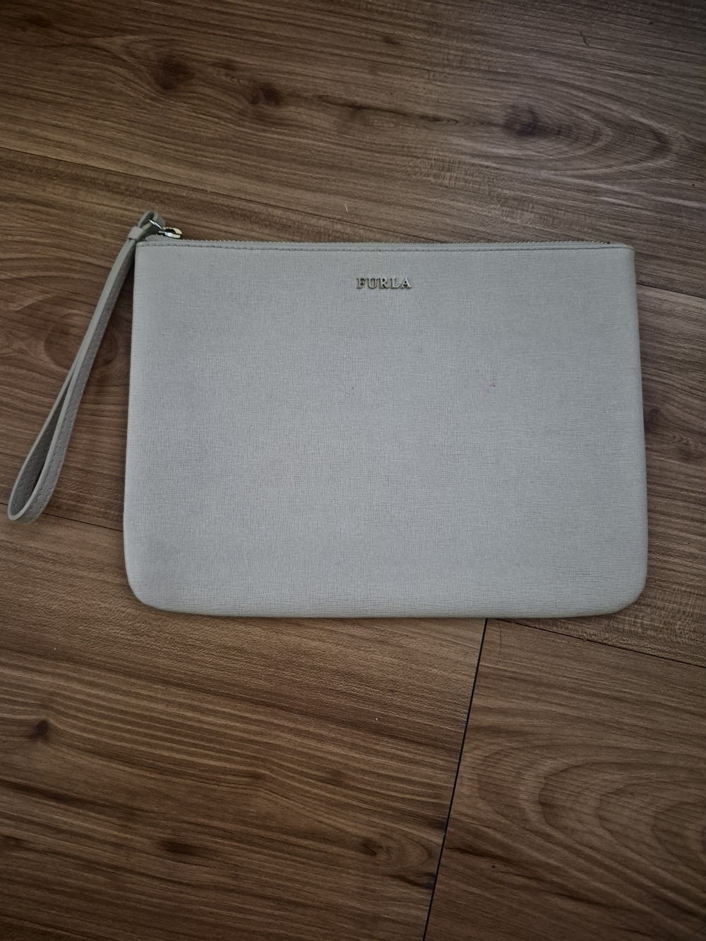 Furla Saffiano Leather Wristlet Clutch Pouch Beige Taupe Gold Logo Zip